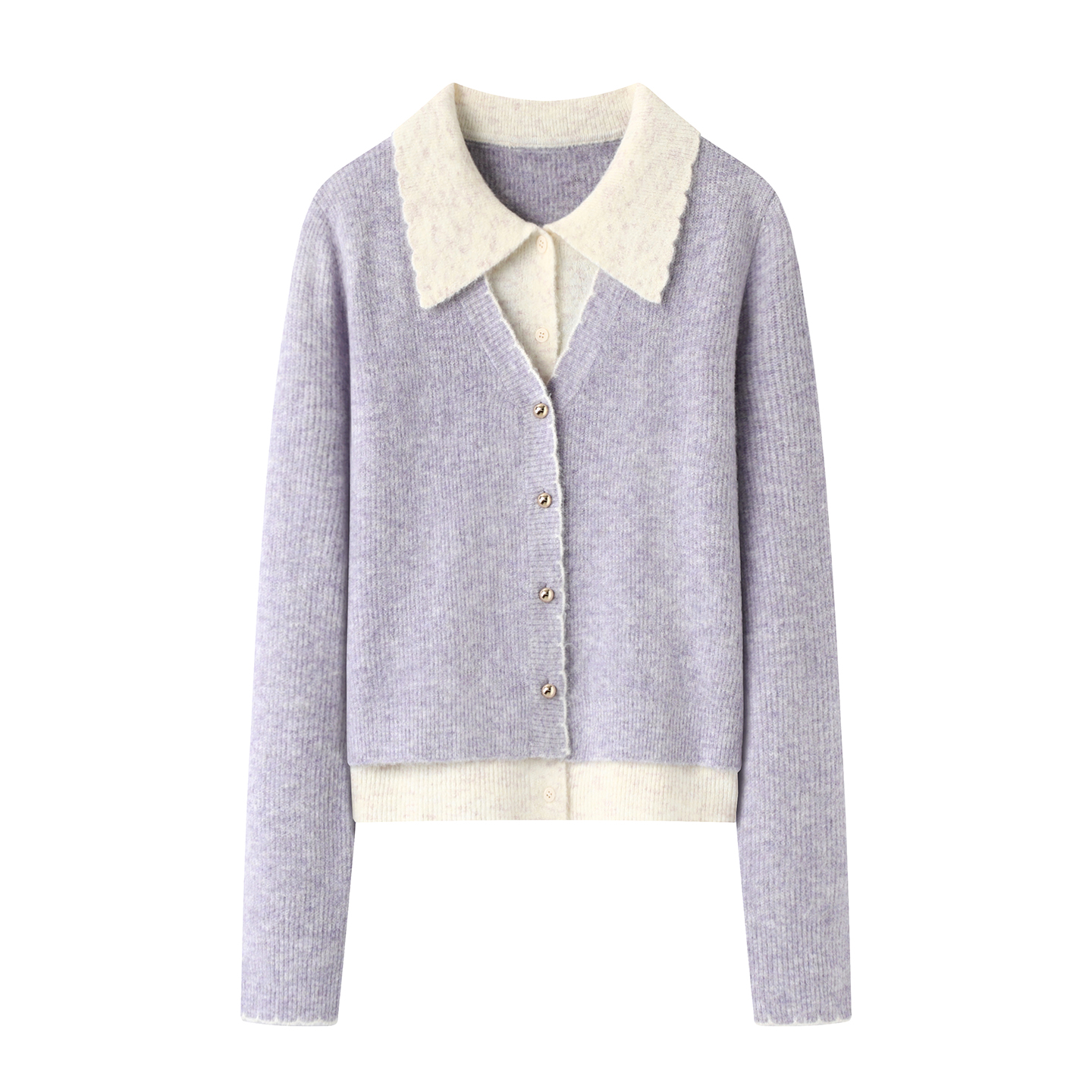 影系！假两件针织开衫女2025冬季新款拼接高级感翻领紫色毛衣外套