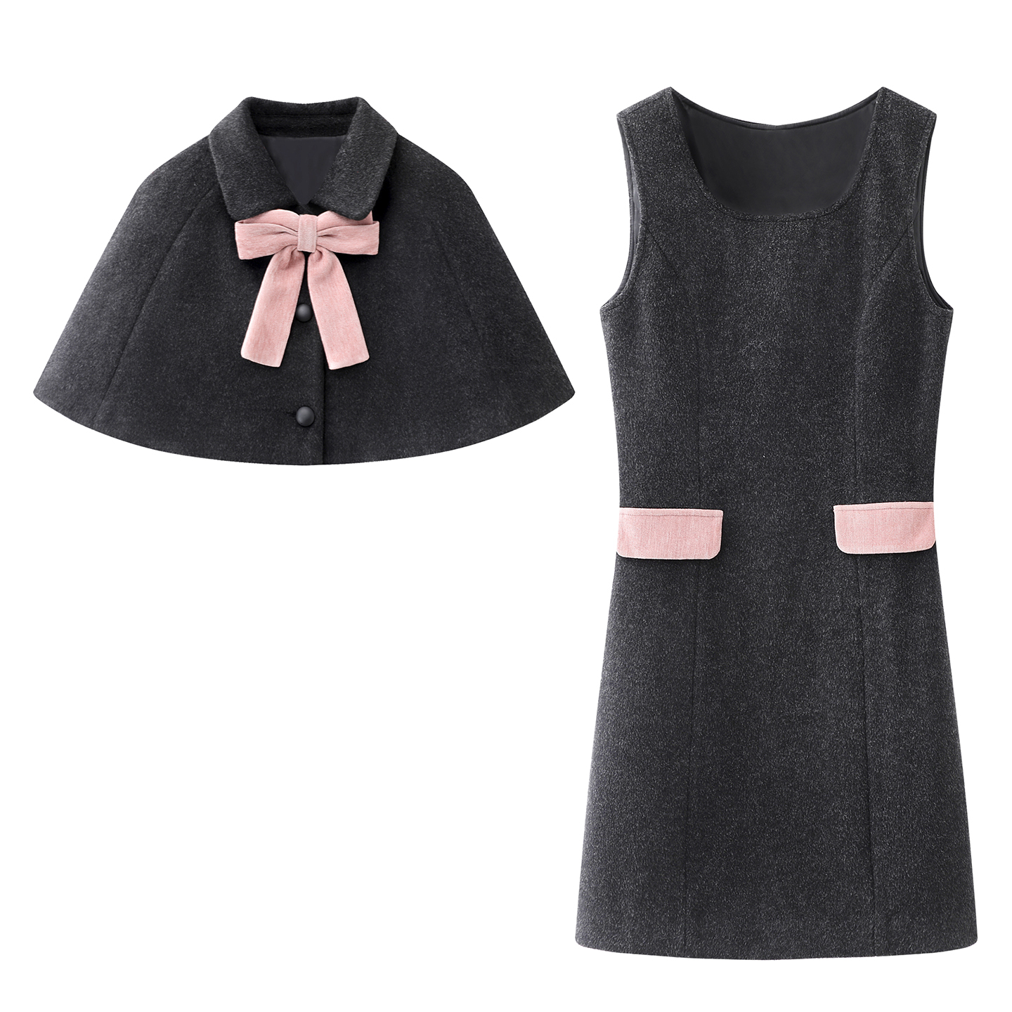 阔系！披肩斗篷背心裙连衣裙两件套2025秋冬季女上衣短裙子呢子裙