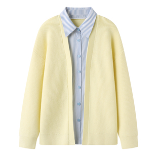 阔系!浅黄色假两件条纹开衫毛衣外套女2025秋季新款学院风针织衫
