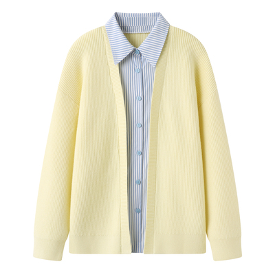 阔系！浅黄色假两件条纹开衫毛衣外套女2025秋季新款学院风针织衫