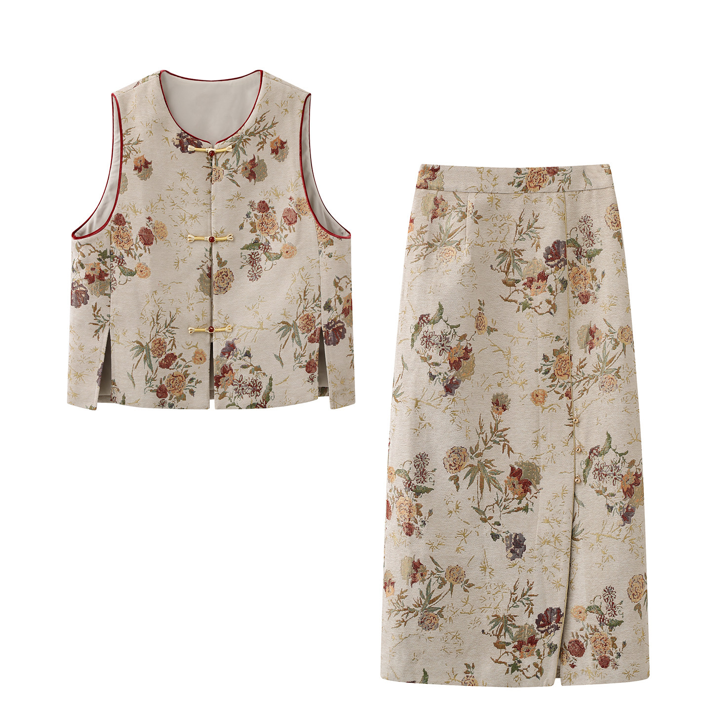 彩系！新中式国风无袖马甲套装女2026春提花马夹外套半身裙两件套,女装/女士精品,时尚套装,淘宝优惠券,粉丝福利购,淘宝优惠卷