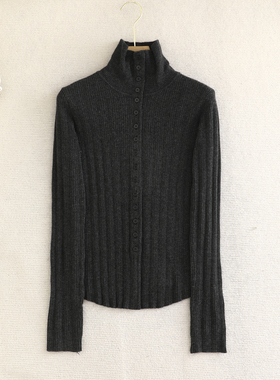 檬系の2025秋冬亲肤百搭气质简约翻领可立领深灰色针织开衫毛衣女