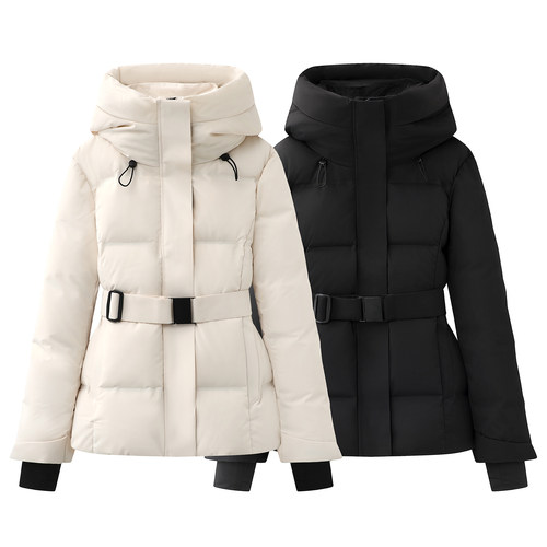 洋气收腰连帽三防羽绒服女2025冬季新款短款白鹅绒收腰滑雪服外套