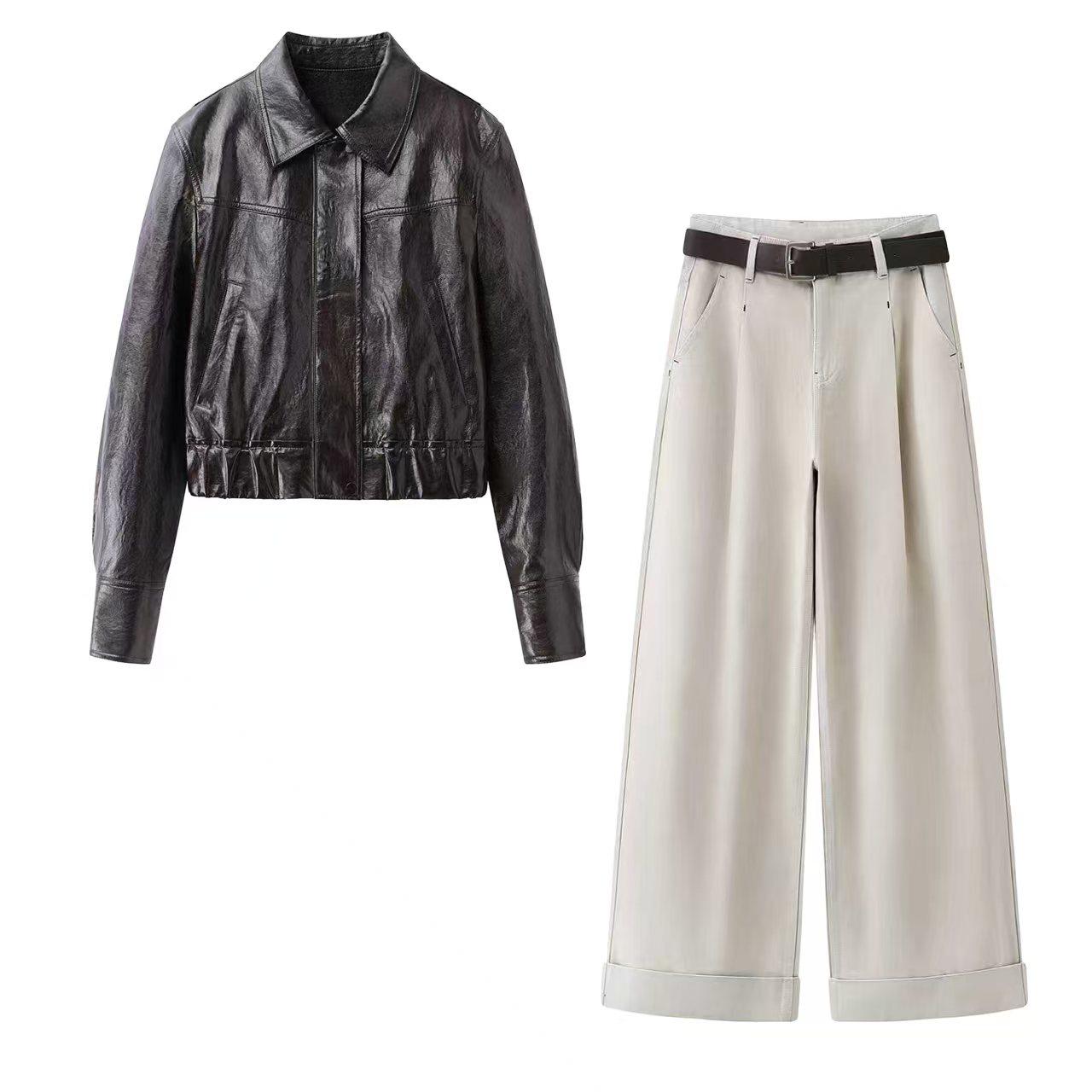 小艾の2026甜酷风百搭PU皮衣短款夹克外套腰带直筒牛仔裤两件套女,女装/女士精品,时尚套装,淘宝优惠券,粉丝福利购,淘宝优惠卷