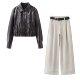 两件套女 夹克外套腰带直筒牛仔裤 小艾 2026甜酷风百搭PU皮衣短款