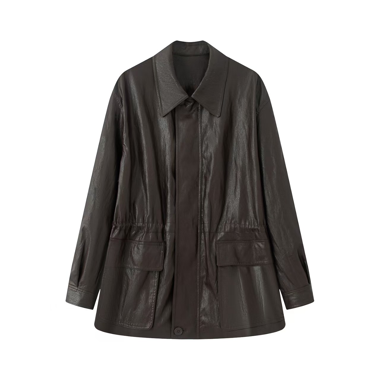 小艾！2025秋新款气质时髦百搭复古PU皮翻领中长款皮衣外套女3029