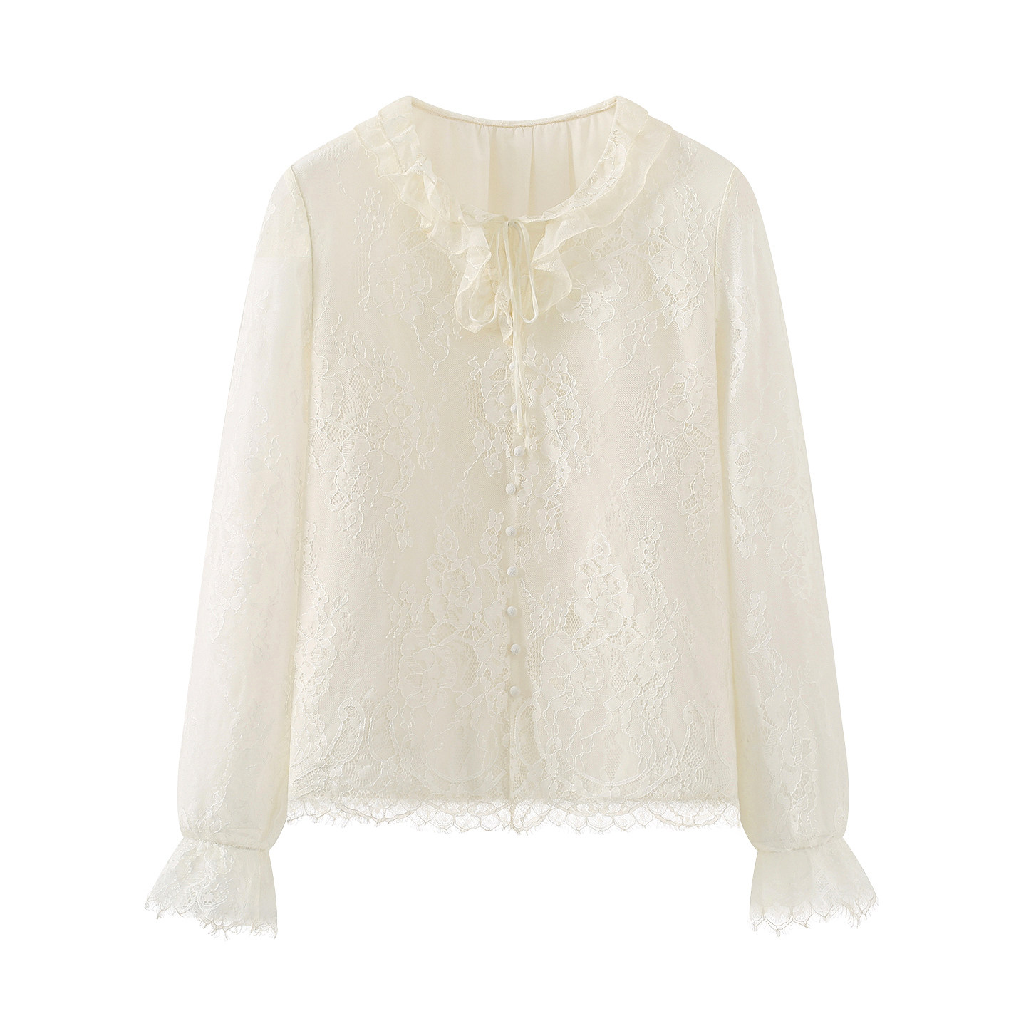 袖系！轻熟风名媛蕾丝衫2026春新款女装木耳边拼接系带喇叭袖上衣,女装/女士精品,衬衫,淘宝优惠券,粉丝福利购,淘宝优惠卷