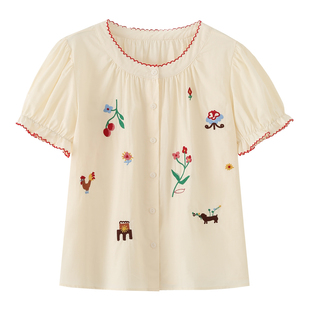 刺绣衬衫 泡泡袖 女2026夏季 新款 上衣 茵 宽松减龄娃娃衫 法式