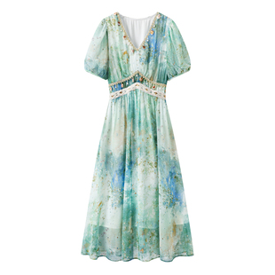 影系の蓝绿艺术晕染连衣裙女2025夏季波西米亚异域民族风度假裙子
