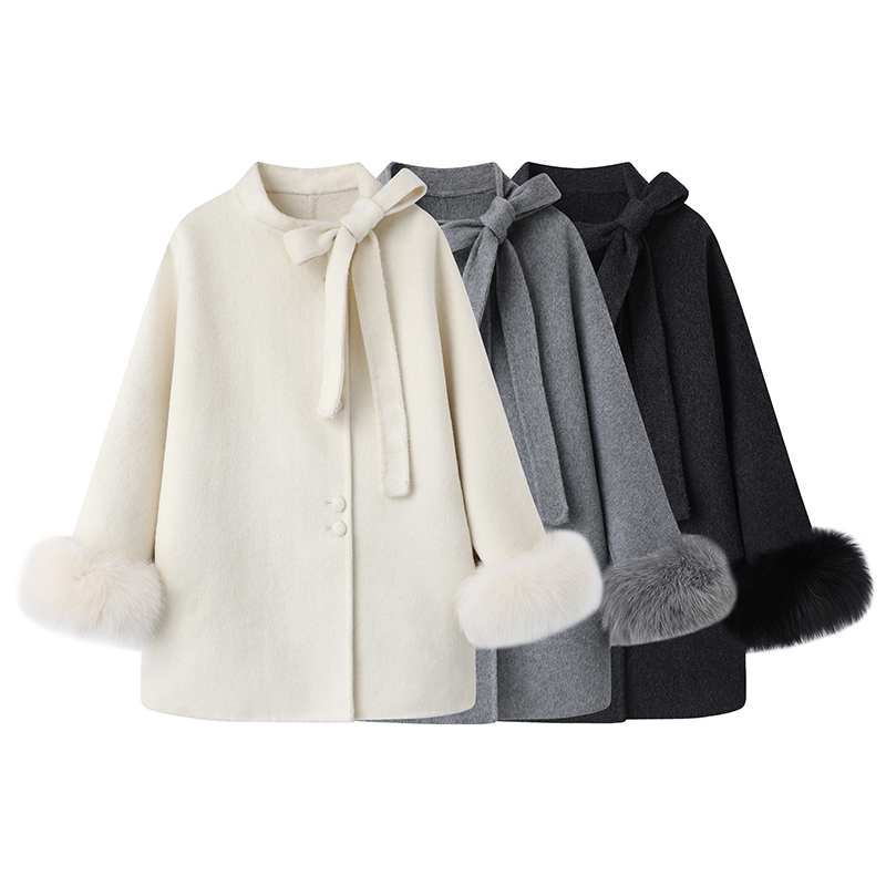 法式高级感毛呢外套秋冬新款气质加厚保暖毛毛袖口小个子呢子大衣