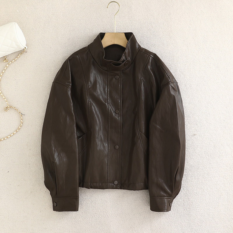 麦系の2026春新款复古立领气质休闲宽松咖啡色PU皮衣夹克短外套女