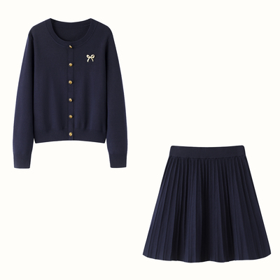 彩系！miu系香风套装~蝴蝶结圆领针织开衫毛衣百褶半身裙两件套女