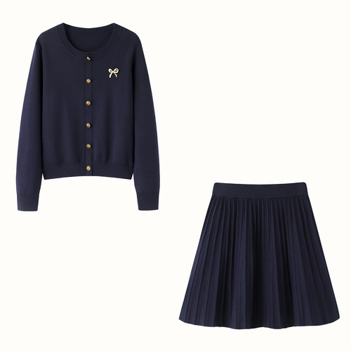 彩系！miu系香风套装~蝴蝶结圆领针织开衫毛衣百褶半身裙两件套女