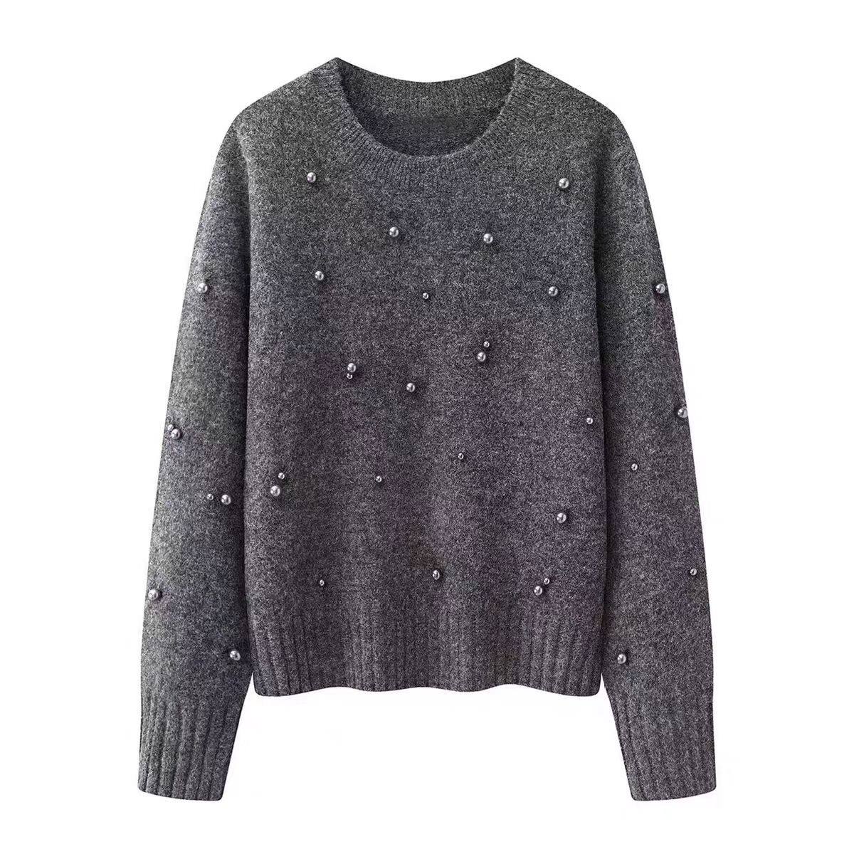 LI系！灰色格雷系钉珠加厚针织衫女2025冬高级老钱风圆领别致毛衣