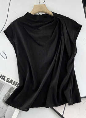 西班牙D！肩部垂褶设计感气质斜领连肩短袖半高领黑色yama衬衫 女