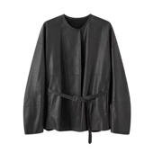 小艾 秋百搭气质休闲圆领收腰宽松皮衣夹克外套上衣3034 2025女装