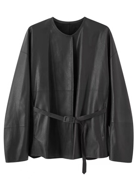 小艾！2025女装秋百搭气质休闲圆领收腰宽松皮衣夹克外套上衣3034