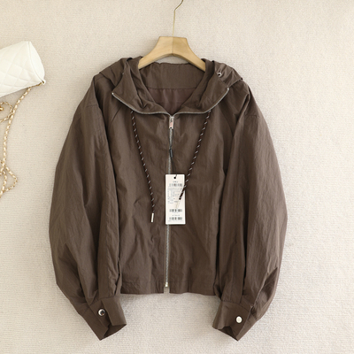 檬系！休闲百搭宽松咖啡色连帽短外套2025秋季新款气质慵懒风上衣