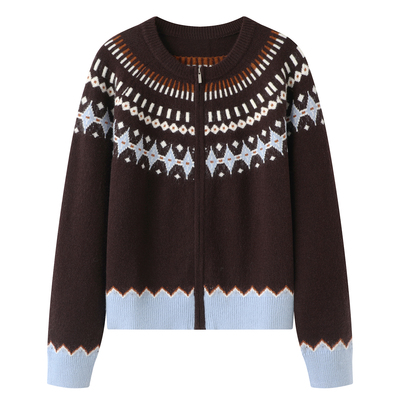 熙！费尔岛风几何提花毛衣外套女秋冬慵懒感奶fufu软糯针织上衣服