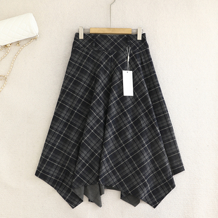 诗系の不规则A字裙!气质高腰显瘦百搭设计感中长款格子半身裙女