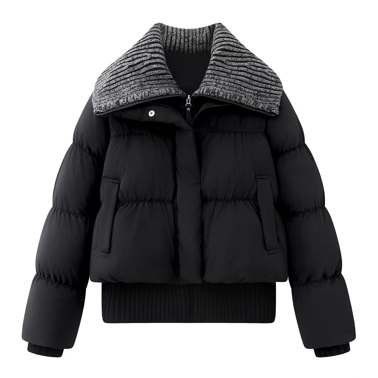 鸟家！2025冬新款时尚百搭大翻领假两件针织拼接面包羽绒服女外套