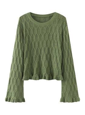 阔+绿色镂空长袖针织衫女2024秋款圆领百搭减龄喇叭袖荷叶边上衣