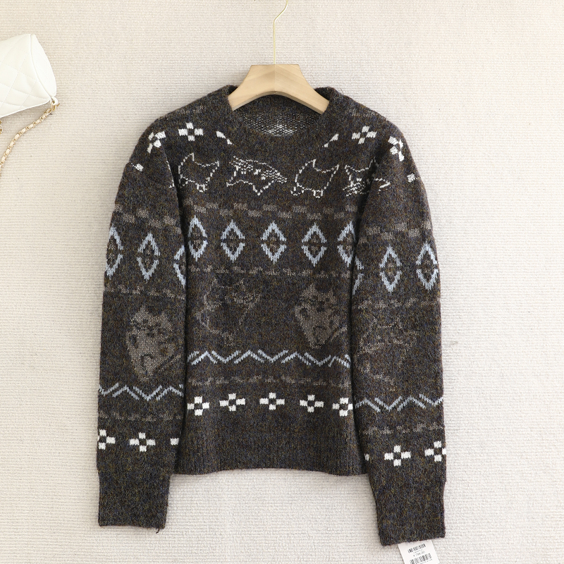 檬系！费尔岛提花圆领套头毛衣女2025秋冬款复古慵懒风针织衫上衣