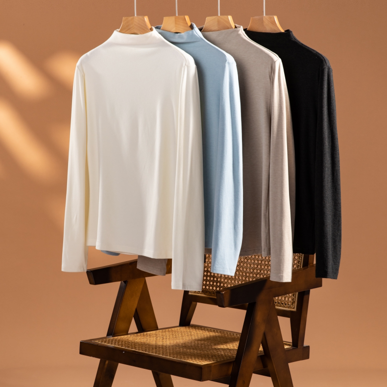 温暖秋冬!弹力显瘦含羊毛混纺打底衫半高领内搭中领长袖上衣女