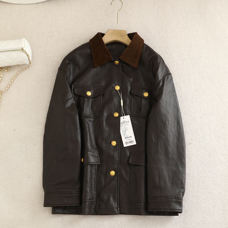 伊系！巴恩风一手长PU皮衣2025秋冬新款拼接领灯芯绒长袖夹克外套