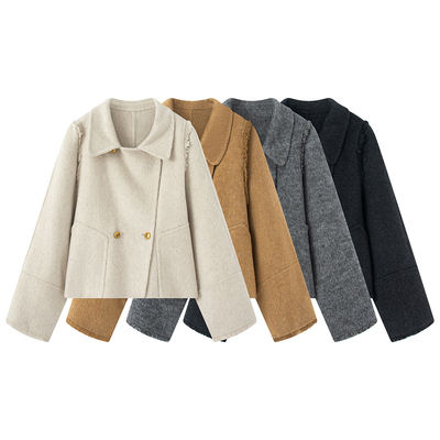 高级感灰色双面呢大衣女2025秋冬季设计感小个子短款流苏毛呢外套