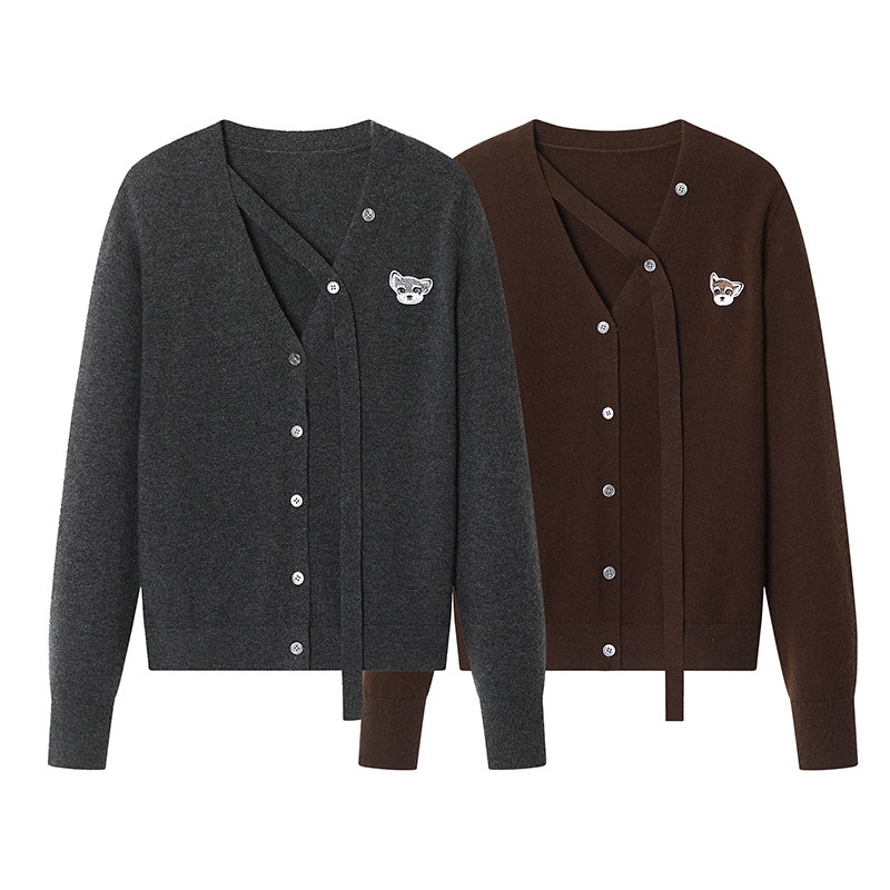 针织单排扣V领小狗刺绣针织开衫