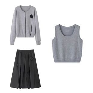 背心优雅半裙三件套装 无袖 女 2025秋设计感花朵圆领针织开衫 鸟家