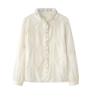 气质衬衣立领长袖 香系 新款 女2025秋季 刺绣上衣 莱赛尔白色衬衫