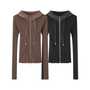 气质干练百搭显瘦双拉链连帽针织衫 新品 上衣 女装 3046{艾}2025秋季