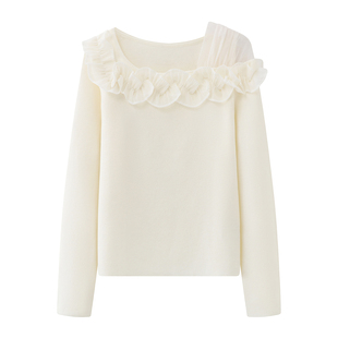 影系！法式蕾丝花朵针织衫女2026春新款圣诞氛围感米黄色露肩上衣