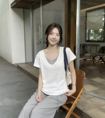 慵懒宽松假两件短袖t恤女夏季正肩灰色半袖体恤老钱风休闲v领上衣