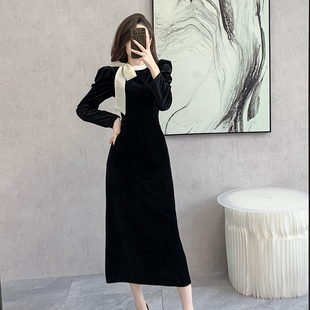 2025年新款法式气质丝绒连衣裙女秋冬高级感小个子内搭打底长裙