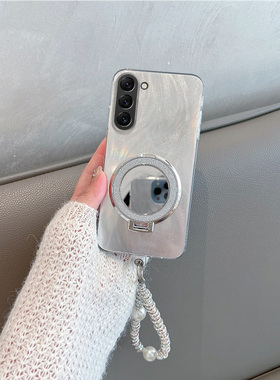 适用于三星s23手机壳s23ultra新款女简约galaxys23uitra带支架镜子utral高级感samsungs23u手绳全包防摔utra