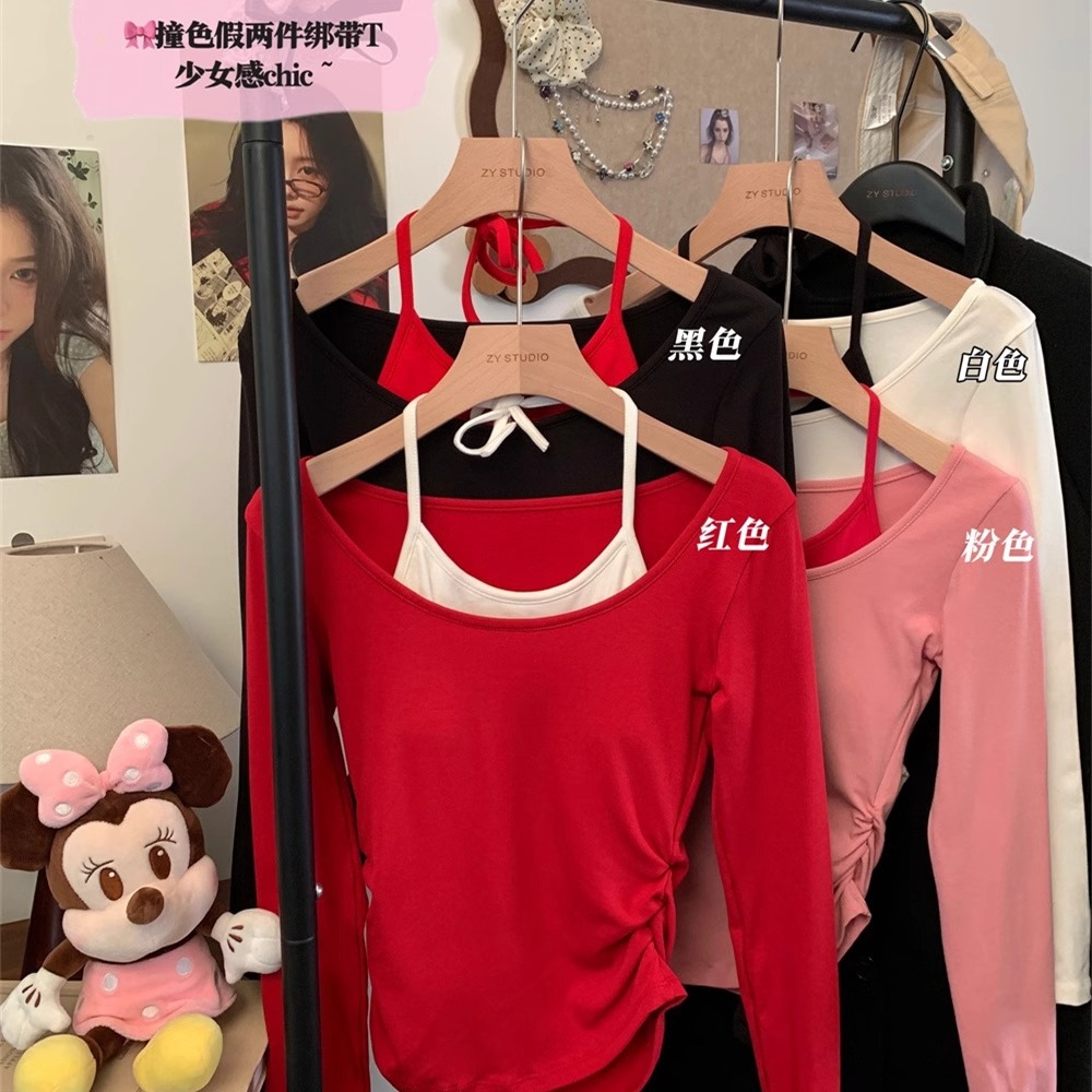 挂脖一字肩长袖t恤女带胸垫上衣