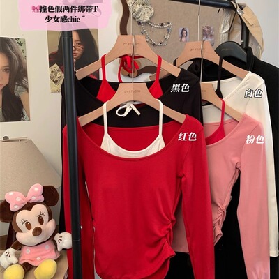 挂脖一字肩长袖t恤女带胸垫上衣