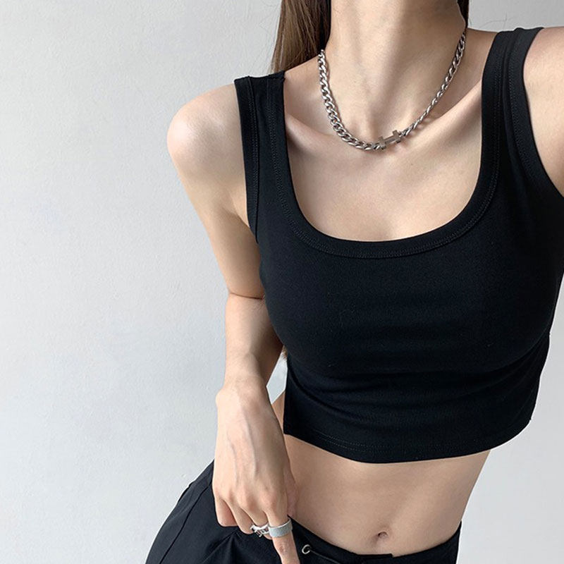 新款方领露锁骨背心女无袖带胸垫吊带辣妹性感百搭抹胸打底短上衣