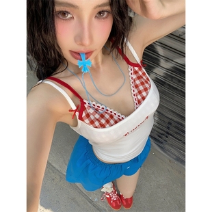 微胖mm白色百搭假两件设计吊带背心女装 显瘦美背上衣 2024新款 修身