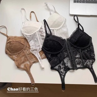 欧美辣妹性感吊带鱼骨胸衣一体式 新款 带胸垫蕾丝美背鱼骨吊带背心