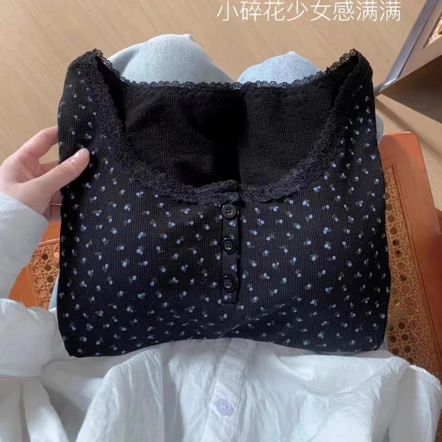 磨绒纯欲碎花纽扣长袖T恤女带胸