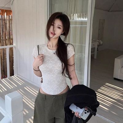 夏季纯欲蕾丝拼接短袖T恤显瘦