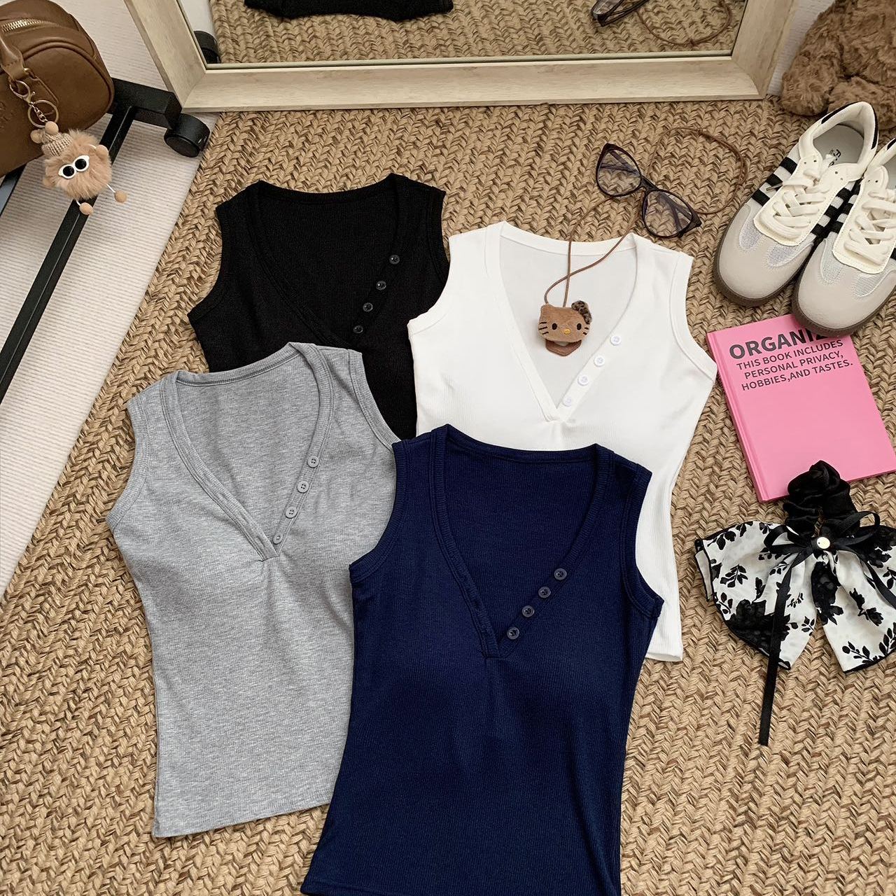 夏季新款纯色V领背心女修身显瘦