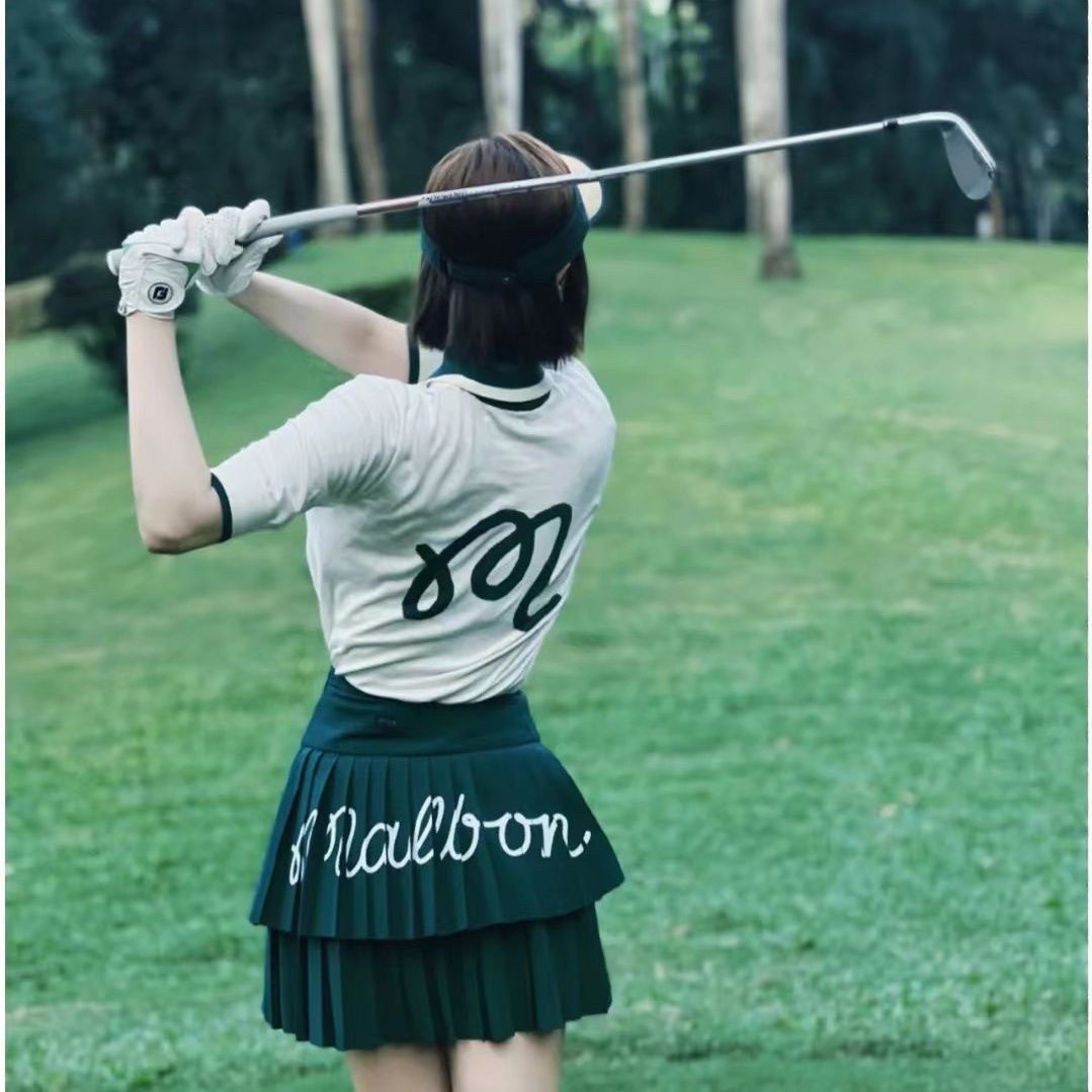 韩国MALBON新款高尔夫女士短裙透气运动休闲百搭字母印花百褶裙