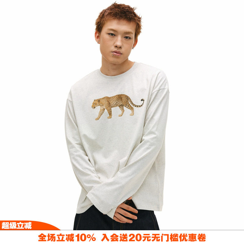 NOVACAM美式复古趣味金钱豹数码印花cleanfit国潮秋打底长袖T恤