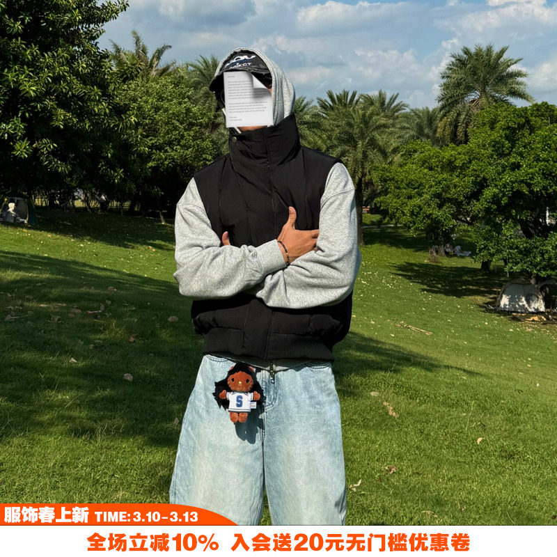 NOVACAM 休闲美式廓形立领弯刀领扣设计感重磅质感马甲男保暖背心