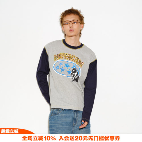 NOVACAM复古撞色拼接长袖T恤